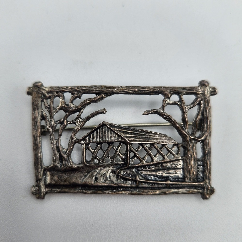 Michele Sterling 925 Silver Covered Bridge Scenic Landscape Brooch Pin Vintage